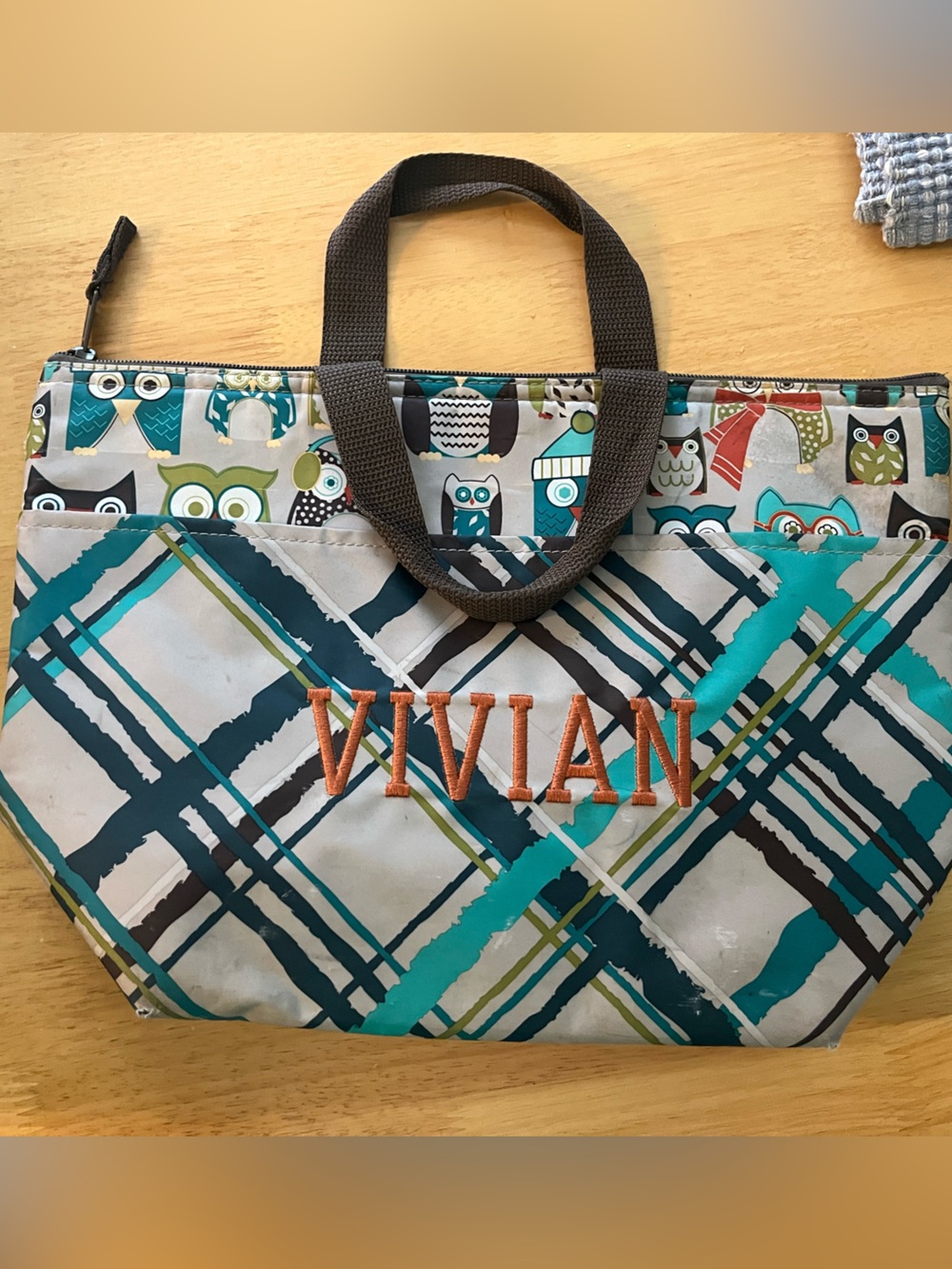 Thirty One Personalized Vivian Teal Plaid Tote Bag